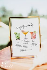 This is your sign to add a Signature Drink to your wedding bar menu. And let me tell you why... It's no surprise that your wedding guests are going to spend a LOT of time at the bar during your wedding day...  Having a couples cocktail sign is not only extra AF-- and guaranteed to impress your guests-- it can help you save money and keep the bar service moving by showing your guests what signature drinks are available.  Previous couples said a signature cocktail sign "was a great way to show what drinks are available in addition to the standard ones" and that they were able to "save money by offering a signature drink option".  With our ready-made editable drinks sign, you can personalise your own signature drink bar menu in MINUTES.  ✨Instant access signature drinks template ✨Fully custom