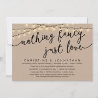 Announce your happily ever after in style (Nothing Fancy, Just Love) with our modern rustic brown kraft, cottage string lights design wedding elopement celebration invitation card. Our Happily Ever After Party Celebration Invitation card is ideal for couples who have decided to elope and want to host a party to celebrate their union. With its sophisticated yet playful design, this invitation is sure to set the tone for an unforgettable event. The invitation card features a minimalist rustic eleg