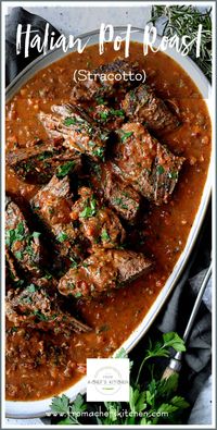 Italian Pot Roast (Stracotto) and Oven-Baked Gorgonzola Polenta is the ultimate Italian comfort food combination your family and friends will love!  Slowly braised beef in a red wine-infused sauce and an easy, hands-off polenta combine to create a dish for perfect stress-free entertaining! #italianfood #italianpotroast #potroast #straccato #meat #meatrecipes #polenta