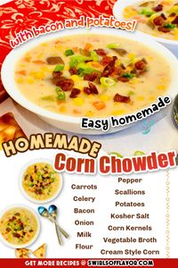 Creamy Potato Corn Chowder is a homemade soup recipe made with basic kitchen ingredients. Our corn chowder soup is flavored with bacon, bursting with fresh vegetables and two types of canned corn and will warm you up on a chilly day.