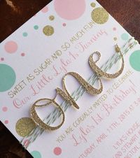 First birthday invitation - gold glitter, pink, mint confetti dots invite with one cut out