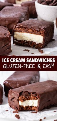 Easy Gluten Free Ice Cream Sandwiches - These incredible gluten free ice cream sandwiches are guaranteed to become a new summer favourite. They’re super easy to make – including the homemade, no-churn vanilla ice cream layer that requires just 3 ingredients! The chocolate cake sponges are wonderfully soft and moist, and the crisp chocolate shell adds the most satisfying snap as you bite into it. Gluten free dessert recipes. Frozen desserts. No churn ice cream recipe. Ice cream bars.