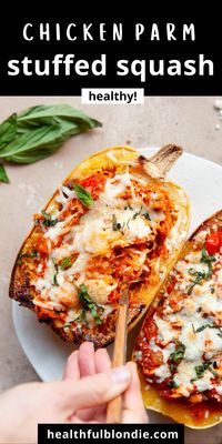 These cheesy baked chicken parmesan stuffed spaghetti squash boats are flavorful, healthy, and protein-packed. They're made with fresh tomatoes, basil, garlic, marinara sauce, mozzarella, and rotisserie chicken. The perfect cozy weeknight recipe!