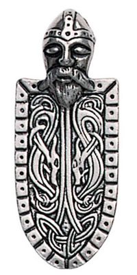 Vikings strove to be brave warriors, daring in battle and contemptuous of defeat. They were motivated by the unshakeable belief in their ultimate reward in Valhalla. The Viking hero, in helmet and heavily embossed shield, personifies the Viking spirit. For Courage and Endurance.Made of pewter and provided with a chain. Approximate size: .875" x 2"