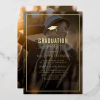 Celebrate the graduate with these modern graduation invitations featuring a a photo of the grad, a black overlay, and a trendy real gold foil template (can be changed to silver or rose gold) that is easy to personalize.