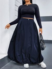 Plus Size Casual Long Cargo Skirt With Pockets, Autumn Blue Casual   Woven Fabric Plain Flared Non-Stretch  Women Plus Clothing, size features are:Bust: ,Length: ,Sleeve Length: