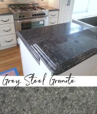 Beautiful grey granite island, cheap countertop options, see more on the blog. Matte, leathered, honed counter.