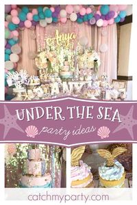 You won't believe this stunning under the sea birthday party! The decorations are fabulous! See more party ideas and share yours at CatchMyParty.com #catchmyparty #partyideas #mermaid #mermaidparty #1stbirthdayparty #girlbirthdayparty #undertheseaparty #underthesea