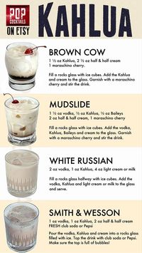 Kahlua 4 ways! Pop Cocktails makes the best Drink Posters on Etsy! | Liquor recipes, Alcohol drink recipes, Alcoholic drinks