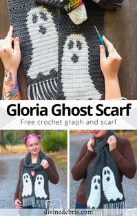 Have fun with Halloween and make the cute and sorta spooky Gloria Ghost Scarf from a free crochet pattern by DivineDebris.com