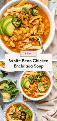 Cozy and delicious chicken enchilada soup made extra creamy thanks to blended white beans! There's no cream or dairy in this flavorful enchilada soup recipe, just wonderful veggies, lots of protein and warming spices. Serve with your favorite garnishes for the perfect lunch or dinner! #soup #chickensoup #healthydinner #healthylunch #glutenfreereipe