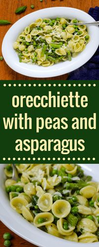 Cheesy Orecchiette Pasta with Peas and Asparagus. Vegetarian recipe. via @allyscooking