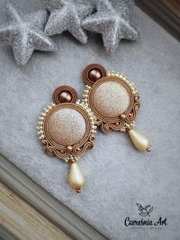 Shine Beige earrings, New Year jewelry, Artistic soutache jewelry, Etsy Shop