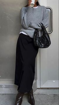 Winter outfit ideas - Long skirt outfit with boots and sweater.