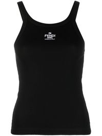 black stretch-cotton fine ribbed embroidered logo scoop neck sleeveless