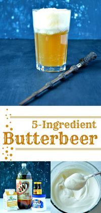 5 ingredient, non-alcoholic Butterbeer that tastes almost as good as the real deal! And it only takes 5 minutes to make! Save it for the next Harry Potter themed party! Accio Butterbeer!