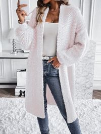 Women Casual Herringbone Pattern Lantern Sleeve Mid-Length Cardigan, Autumn/Winter Baby Pink Casual  Long Sleeve Knitwear Geometric,Plain,All Over Print  Slight Stretch  Women Clothing, size features are:Bust: ,Length: ,Sleeve Length: