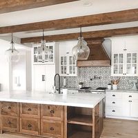 THIS THIS THIS!!! White cabinets. Stained accents. White counters. “Grey” backsplash. Beams. Wooden Vent hood.