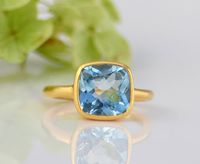 Faceted Natural Blue Topaz Vermeil Gold cushion square shape stacking bezel set ring - December Birthstone