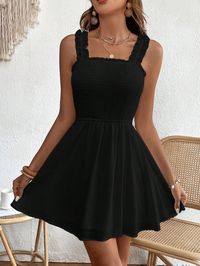 Schwarz Lässig Collar Ärmellos Gewebter Stoff Einfarbig A Linie,Camisole Embellished Undehnbar