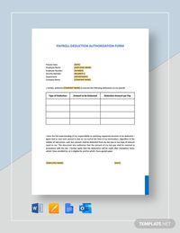 Instantly Download Payroll Deduction Authorization Form Template, Sample & Example in Microsoft Word (DOC), Google Docs, Apple Pages Format. Available in A4 & US Letter Sizes. Quickly Customize. Easily Editable & Printable.
