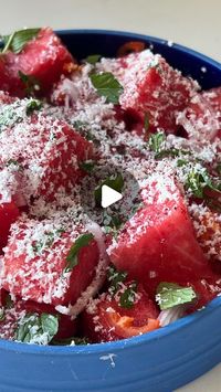 Adeena Sussman on Instagram: "WATERMELON & GOAT CHEESE “SNOW”
Serves 3-4

I’ve avoided the shaved frozen fruit trend (nothing against it, but I’m lazy so I generally keep my fruit fresh!) but I did love the idea of this goat cheese “snow.” A little goes a long way, and it makes for a beautiful visual presentation and a tangy accent to the juicy, sweet watermelon. All you have to do is freeze the goat cheese in advance, so you’re ready when the urge strikes and you have some juicy melon on hand. The mint, lime, sumac, and salt are lovely touches, and a little jalapeño lends a kick.

A small log goat cheese, frozen
4 cups cubed watermelon
½ small shallot, thinly sliced
1 tablespoon thinly sliced jalapeño
2 tablespoons finely shredded mint
Juice of 1 lime
1/2 teaspoon ground sumac
Sea salt

P