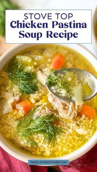 Easy to make chicken pastina soup for cold weather nights! Add this soup recipe to your fall recipes or winter soups and stews. This comforting and healthy Chicken Pastina Soup features tiny star-shaped pasta, vegetables, lemon, and dill. It's an easy weeknight meal that the whole family will love. The best homemade Italian chicken pastina soup recipe for dinner or as a main dish, perfect for a cozy evening. Fall soup recipes.