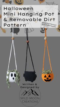 Crochet Halloween Mini Plant Set Patterns! in this pattern you will be able to create a pumpkin, Ghost or cauldron Mini Plant hanger and two different plants! a succulent & a string of pearls! i originally made this to be a car Plant so it's definitely Mini enough to drive safely. (I've tested it for over two years now.)   this is a very beginner-friendly pattern set and if you have any questions please reach out