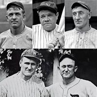 The first players voted into the Baseball Hall of Fame were (clock-wise from upper left): Christy Mathewson, Babe Ruth, Honus Wagner, Ty Cobb, Walter Johnson