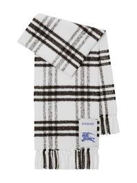 Find BURBERRY Check Motif Wool Scarf on Editorialist. check-pattern fringed wool scarf from BURBERRY featuring white/black, wool, check pattern, logo patch to the front, fringed edge and wraparound style.