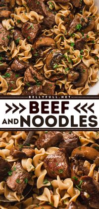 Try out this easy dinner idea for easy stove top beef and noodles! This beef and noodles recipe is a tried and true comforting classic. A meat main dish that's filling and relatively cheap to make - perfect for those busy weeknights!