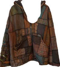 "Stunning patchwork jacket made with 100% recycled cotton outer, and 100% recycled fleece inner. Thick and cozy! Hooded with a zipper and outer pockets. Each is one-of-a-kind and will not be the exact jacket in the photos, but will be very close in color!   Fits XS-XXL Bust- 48\" Waist- 47\" Length - 29\""