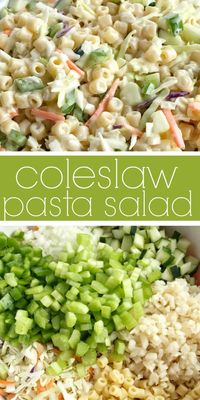 Coleslaw Pasta Salad | Pasta Salad | Side Dish | Coleslaw pasta salad is a fun twist to traditional pasta salad. Loaded with texture, taste, and fabulous crunch. This is the perfect side dish for a summer bbq, picnic, or potluck! It can be made ahead of time too. #pastasalad #sidedish #saladrecipes #bbq #pastasaladrecipes