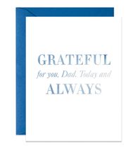 Father's Day Card "Grateful For You, Dad. Today and Always" everyday greeting card with blue watercolor typography on natural white paper, paired with a royal blue envelope. Folded card, blank inside. Available as a single card or set of 5 Fathers Day cards. Find more Father's Day card styles at digibuddha.com | Designed exclusively by Digibuddha Paper + Gifts #digibuddha