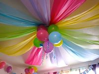 "Dollar store plastic tablecloths and a few balloons  - awesome party ceiling!" Great idea