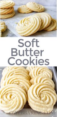 These Soft Butter Cookies are delicate, tender and are melt in your mouth buttery! Also sometimes called Danish Butter Cookies, these cookies have a classic swirl design that is impressive and so easy to make at home! The best, basic butter cookie recipe. #buttercookies #danishbuttercookies #basicbuttercookies #cookierecipes #softcookies