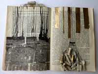 out of a war story. altered book by Ines Seidel. The artist explains "Instead of going on with their stories, these books remember where they came from and how everything began. I offered them black and white pictures of tree parts and dried twigs, all from my immediate surrounding. The books venture into a kind of regression therapy, where painful moments from childhood or even earlier lives are relived.”