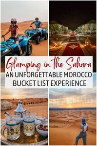 Experience the ultimate adventure with glamping in the Sahara! Stay at a luxury desert camp and enjoy bucket list activities like camel rides, ATVing, and sandboarding on the iconic sand dunes. This once-in-a-lifetime experience is perfect for your Morocco travel itinerary. Add it to your Morocco bucket list and Africa travel plans for an unforgettable journey in one of the best Morocco travel destinations!