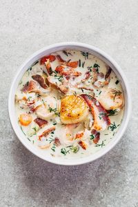 Nova Scotia seafood chowder is a rich, creamy, soup loaded with seafood, plus smoky bacon and fresh dill added for extra flavor.