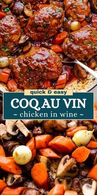 This quick and easy version of Coq Au Vin is made with boneless chicken thighs, wine, mushrooms, and bacon for a simplified classic that's loaded with authentic flavor!