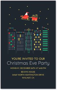 Get ready for Christmas! Host your party with this premium (ad-free) Evite invitation. Handcrafted with details of a cityscape lit up with Santa on his sleigh.