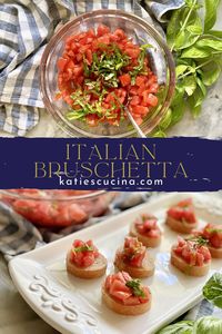 My Italian Bruschetta Recipe has fresh diced plum tomatoes paired with olive oil, garlic, salt, and pepper that are mixed together and topped with threads of fresh basil leaves.