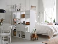 KALLAX Shelf unit, White, 57 7/8x57 7/8 ". Shelving unit or room divider – the KALLAX series adapts to taste, space, needs and budget. Smooth surfaces and rounded corners give a feel of quality and you can personalize the shelving unit with inserts and boxes. Particleboard.