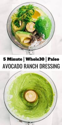 Whole30 paleo ranch dressing made with avocados instead of oil! Easy five minute ranch dressing. This dairy free ranch dressing can be used as a salad dressing, veggie dip, or spread for sandwiches and burgers. #paleo #whole30 #avocado