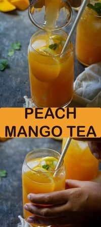 Enjoy this Peach mango Iced Tea on a hot summer day. Made with peaches, mangoes, and brewed green tea/ black tea. So easy and delicious! #tea #icedtea #summerdrink #refresher