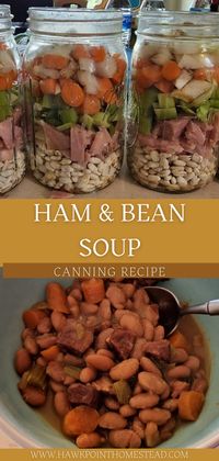 This easy recipe for canning delicious ham and bean soup is a great example of awesome things that you can preserve in jars and have on your shelf ready to eat. This simple recipe is very easy to make, just add ingredients to a jar and put in the pressure canner. It does not require cooking the beans, just some chopping up of the ham and vegetables. It is also a great way to use up that leftover holiday ham!