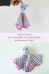 Free #crochet pattern: Hippo Lovey by The Blue Elephants for Underground Crafter | Are you looking for a cuddly #lovey with an adorable #amigurumi character a child can hug? Then you'll love this adorable Hippo Lovey! It's crocheted in one piece, leaving fewer ends to weave in and making the head even more secure for repeated huggings and washings.  #undergroundcrafter #theblueelephants #crochethippolovey #hippolovey #crochethippo