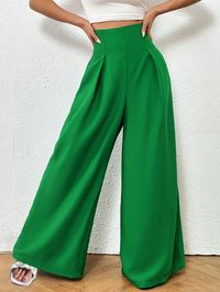 Green Elegant Collar  Woven Fabric Plain Wide Leg Embellished Non-Stretch  Women Clothing