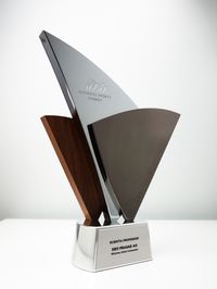 Featured The Business Events Sydney Global Impact Awards Custom designed and made trophy Custom shaped layered metal and sustainable Australian timber Black nickel and chrome plated finish Chrome plated brass...