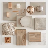 Moodboard with elements in light bronze metal and light wood